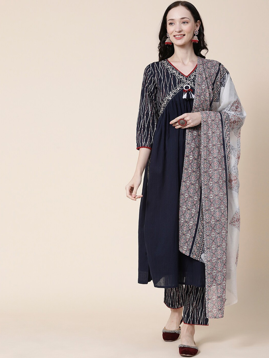 

FASHOR Printed Pleated A-line Pure Cotton Kurta With Trousers & Dupatta, Navy blue