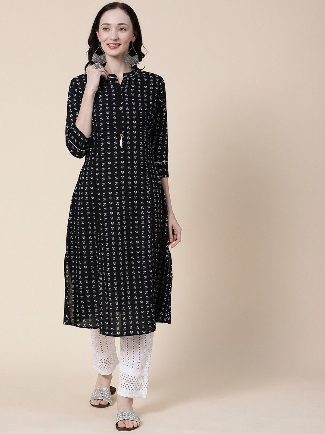 

FASHOR Printed Mandarin Collar Straight Kurta, Black