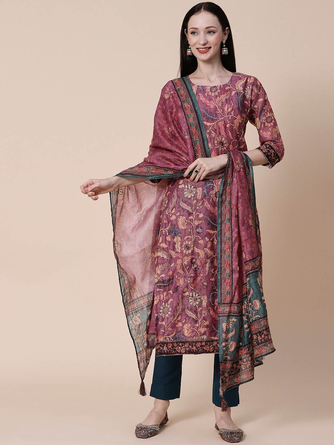 

FASHOR Women Rose Gold Floral Printed Sequinned Straight Kurta With Dupatta