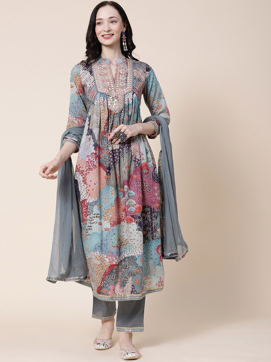 

FASHOR Blue Abstract Printed Pure Cotton Kurta with Trousers & With Dupatta