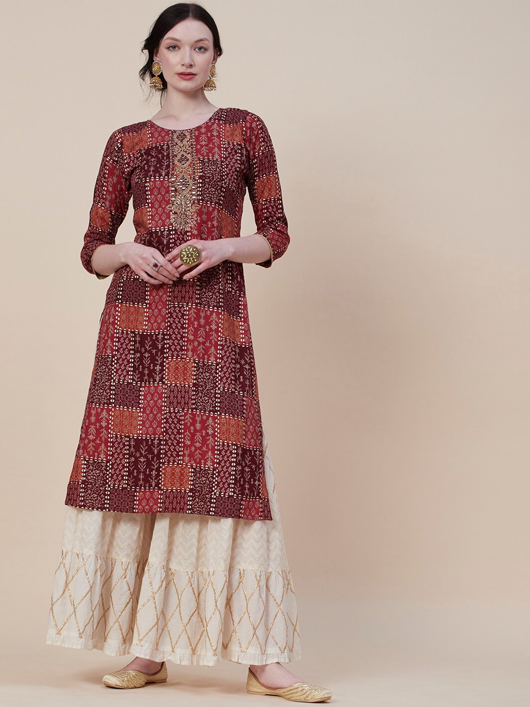 

FASHOR Maroon Ethnic Motif Foil Printed Straight Kurta