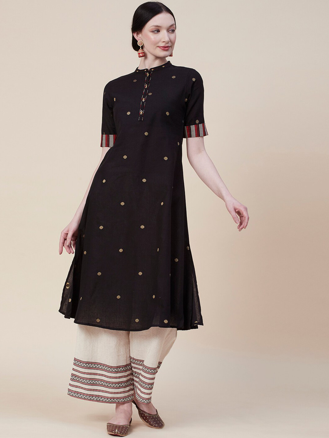 

FASHOR Black Polka Dots Sequined Mandarin Collar Jacquard Weave Cotton A-Line Kurta