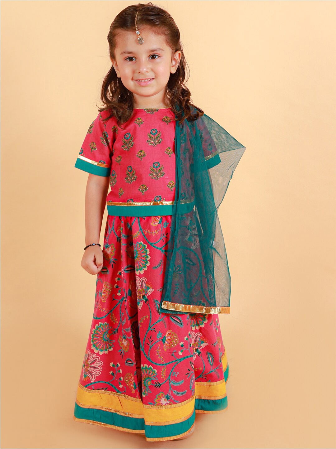 

BAESD Girls Floral Printed Ready to Wear Lehenga & Blouse With Dupatta, Pink
