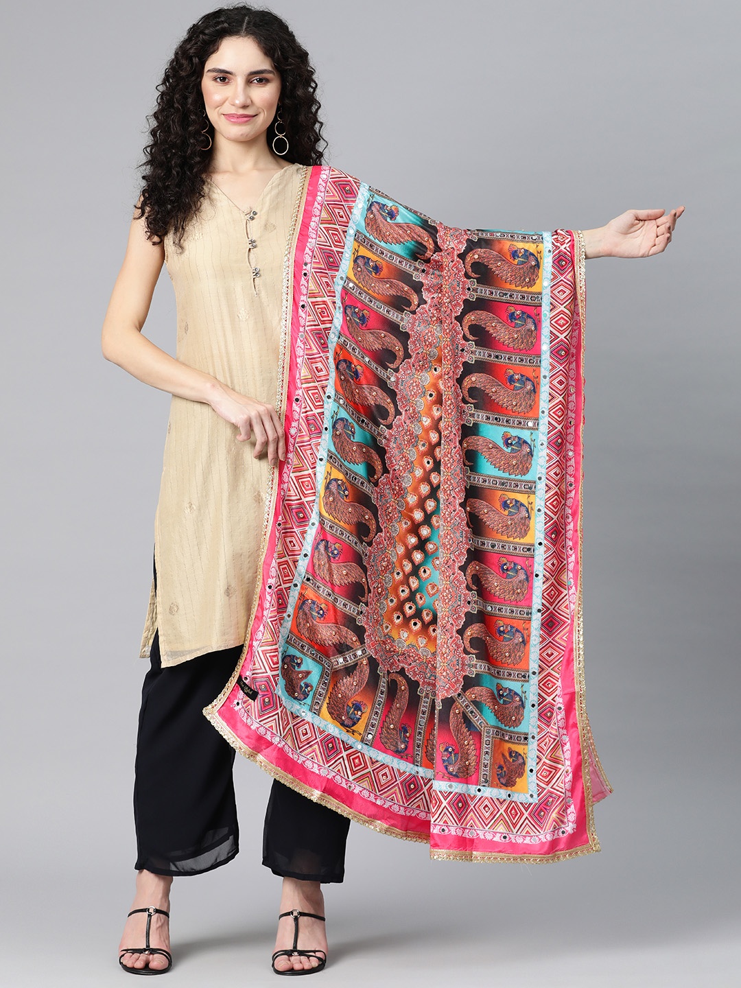 

SWI Stylish Ethnic Motifs Printed Chiffon Dupatta with Mirror Work, Multi