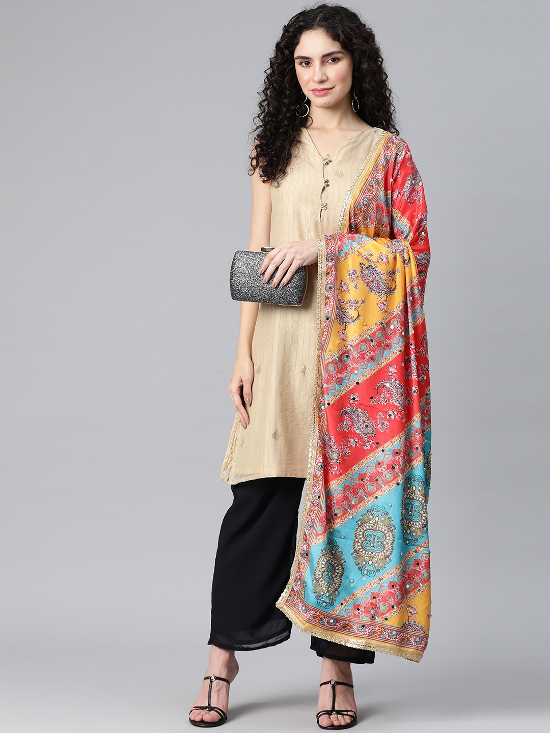 

SWI Stylish Ethnic Motifs Printed Chiffon Dupatta with Mirror Work, Multi
