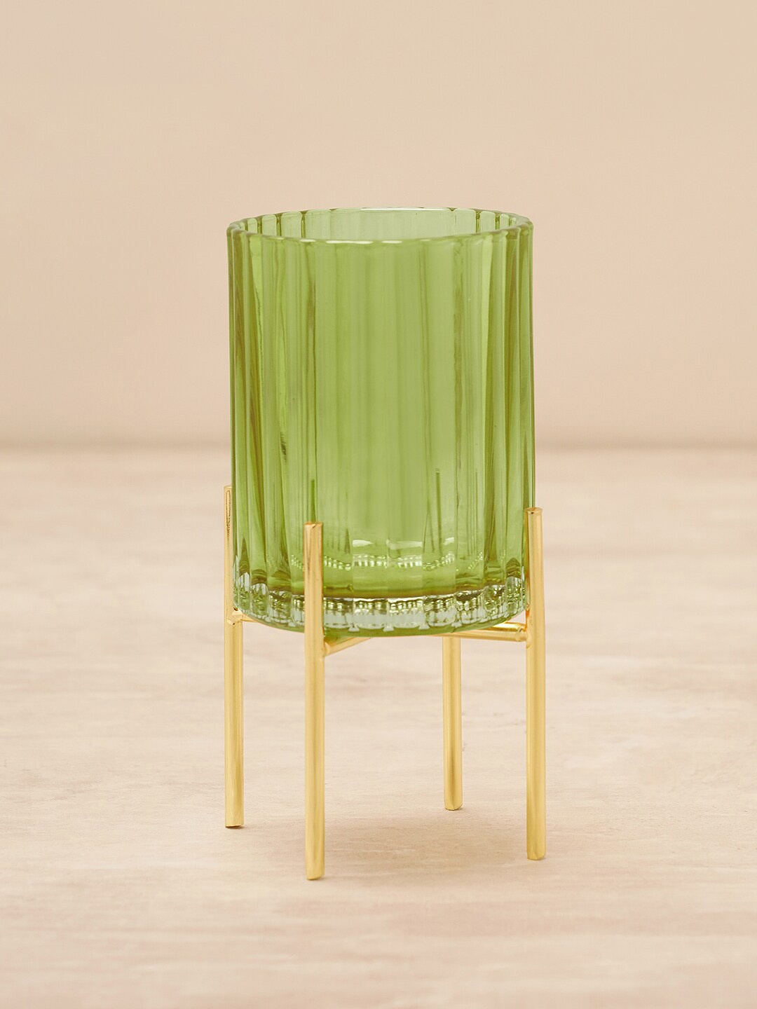 

Pure Home and Living Green Ribbed Glass Hurricane Candle Holder With Stand