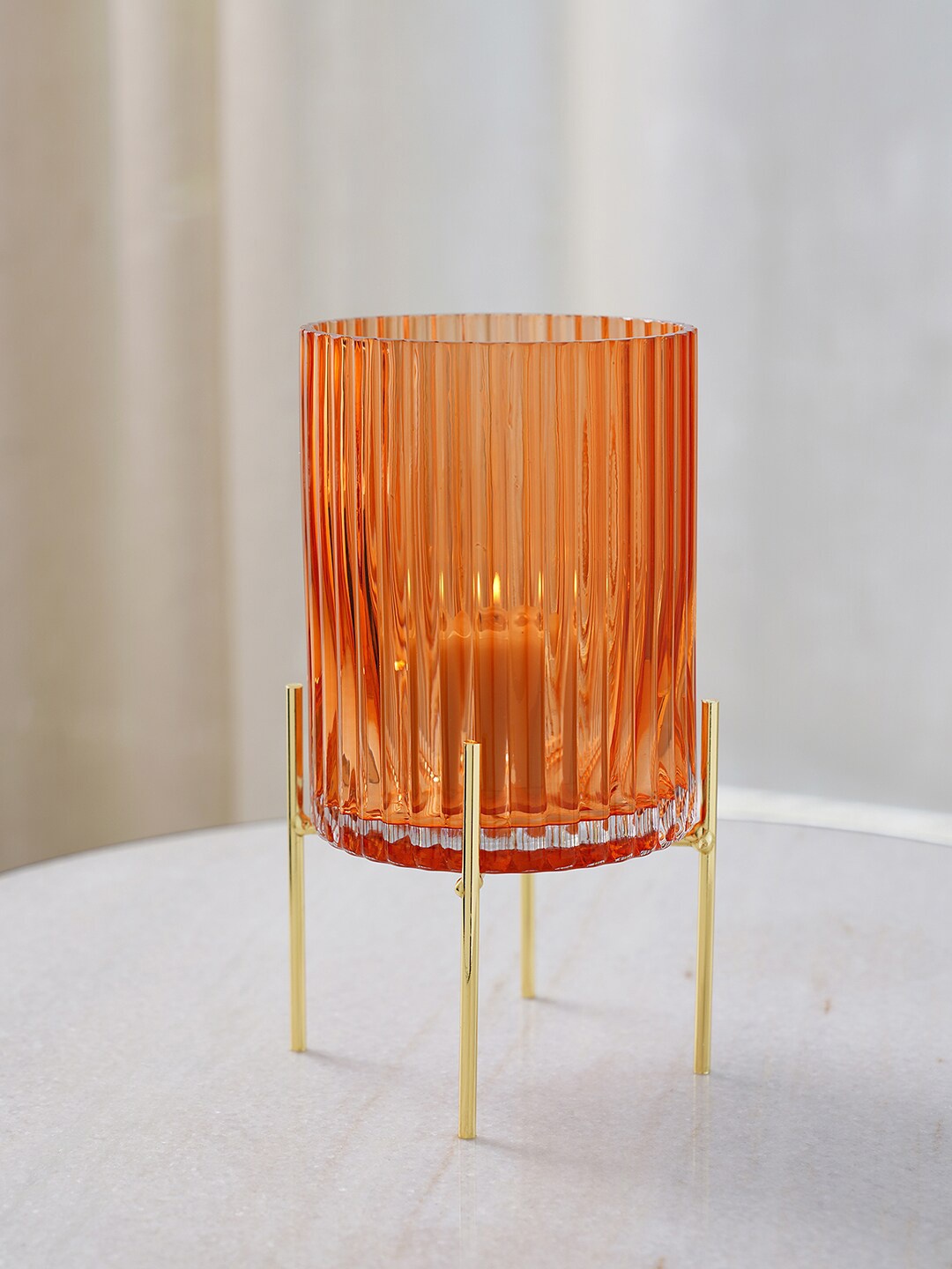 

Pure Home and Living Orange Ribbed Glass Hurricane with Stand Candle Holders