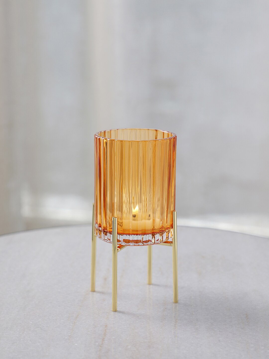 

Pure Home and Living Yellow Textured Ribbed Glass Hurricane with Stand