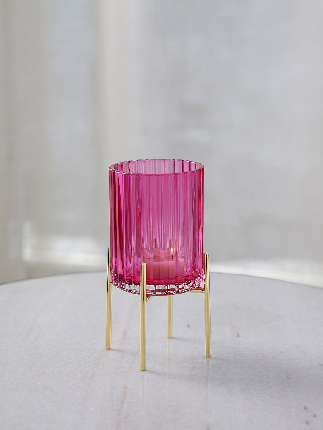 

Pure Home and Living Pink Ribbed Glass Hurricane Candle Holder With Stand