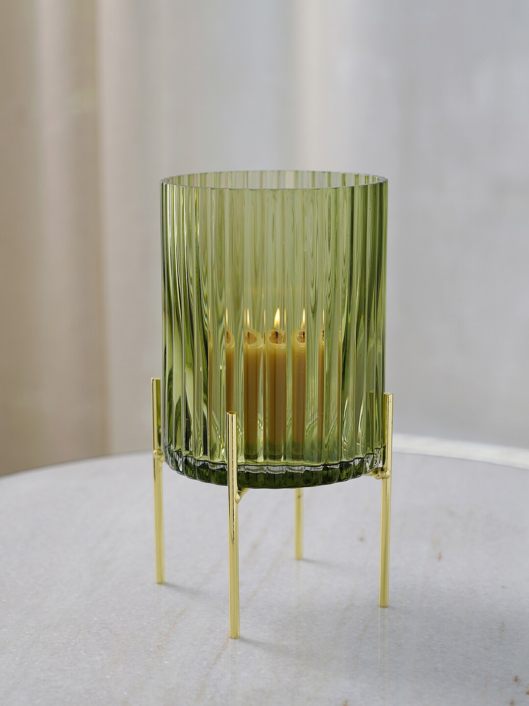 

Pure Home and Living Green Ribbed Glass Hurricane Candle Holder With Stand
