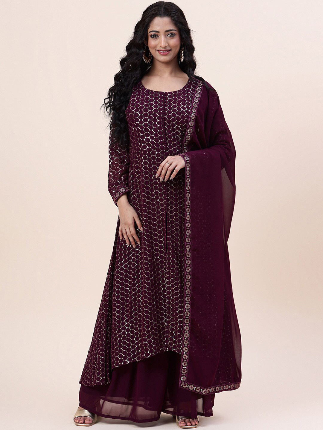 

Meena Bazaar Embroidered Regular Kurta with Trousers & Dupatta, Burgundy