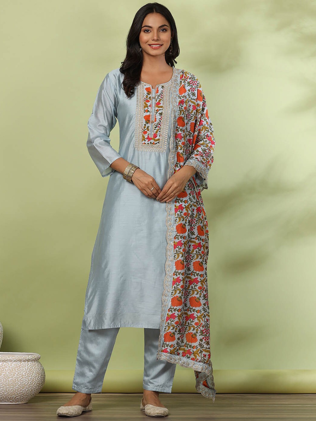 

Meena Bazaar Floral Printed Sequined Kurta with Trousers & Dupatta, Grey