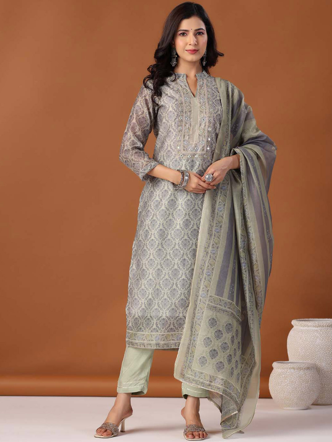 

Meena Bazaar Ethnic Motifs Printed Mirror Work Kurta with Trousers & With Dupatta, Green
