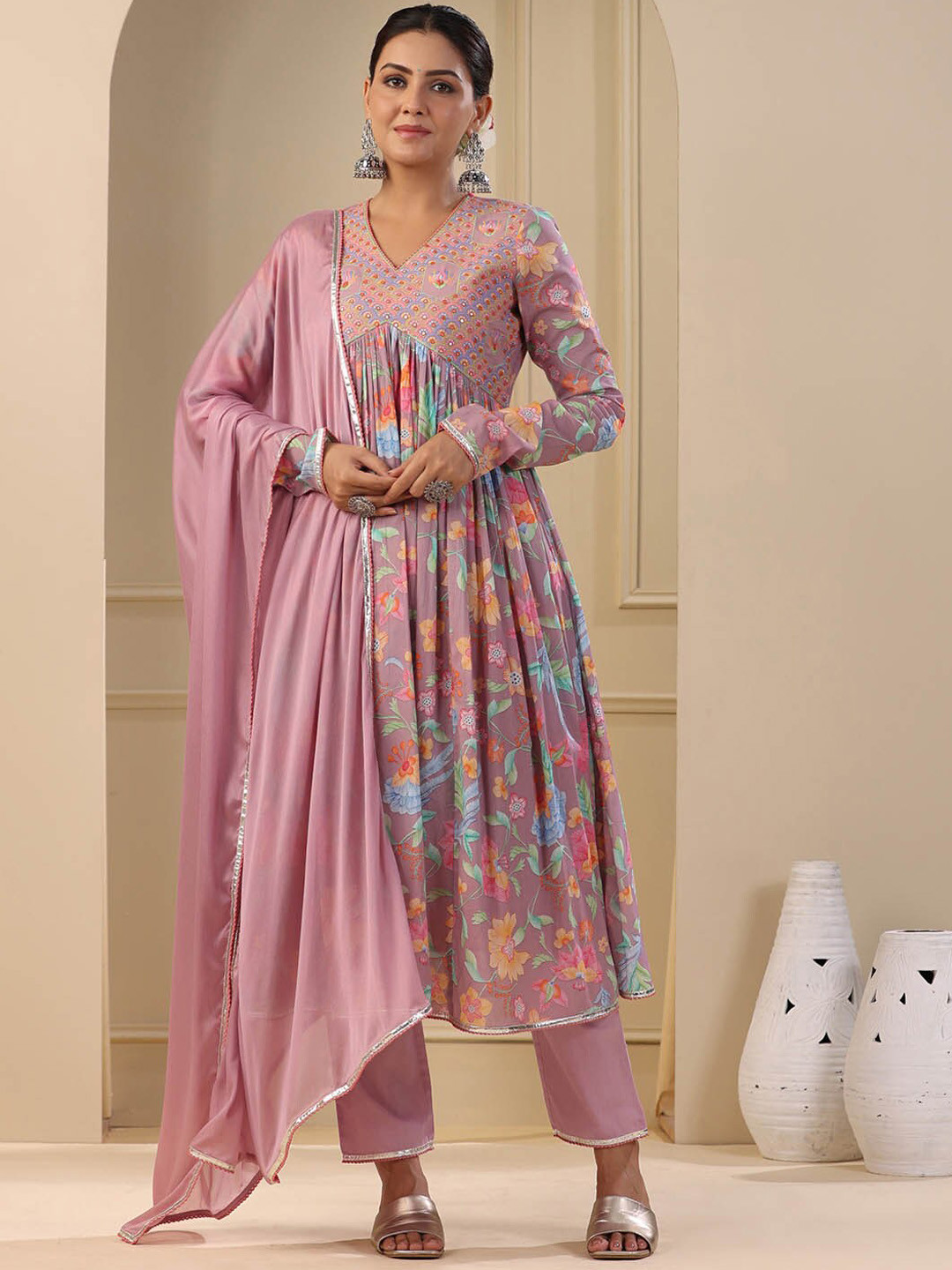 

Meena Bazaar Floral Printed Gotta Patti Anarkali Kurta with Trousers & Dupatta, Mauve