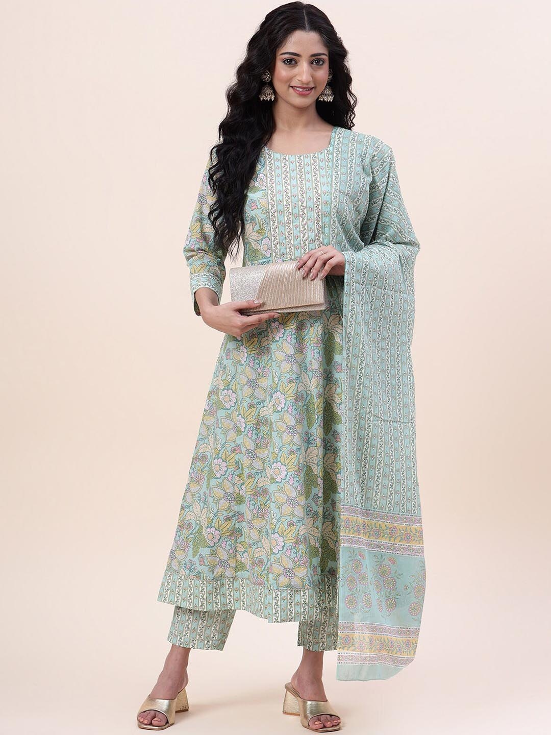 

Meena Bazaar Floral Printed Regular Kurta With Trousers & Dupatta, Sea green