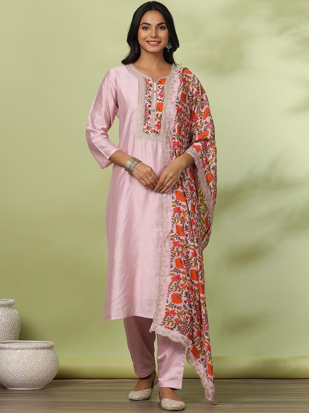 

Meena Bazaar Floral Printed Kurta with Trousers & Dupatta, Pink