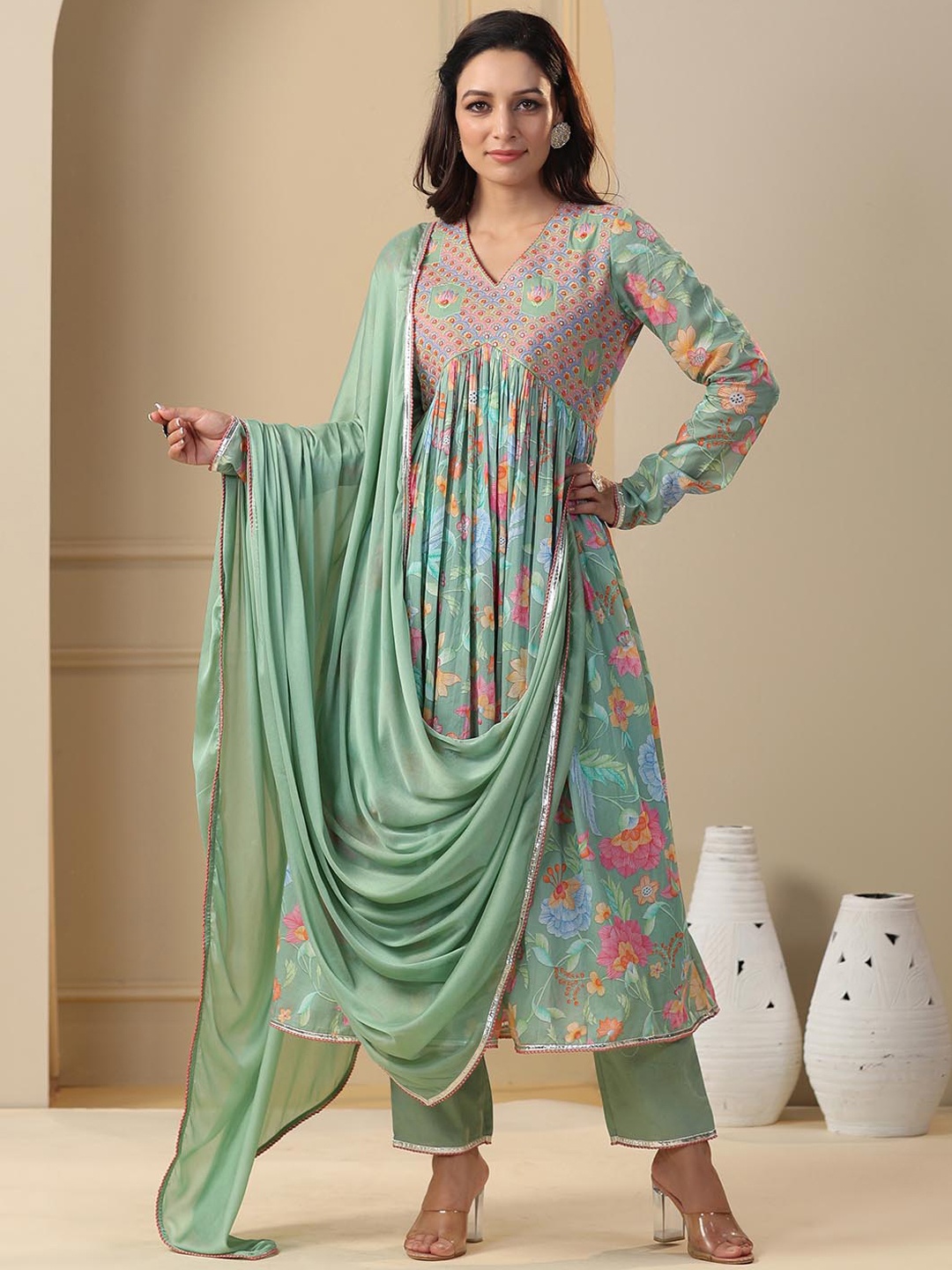 

Meena Bazaar Floral Printed Empire Kurta With Trousers & Dupatta, Green