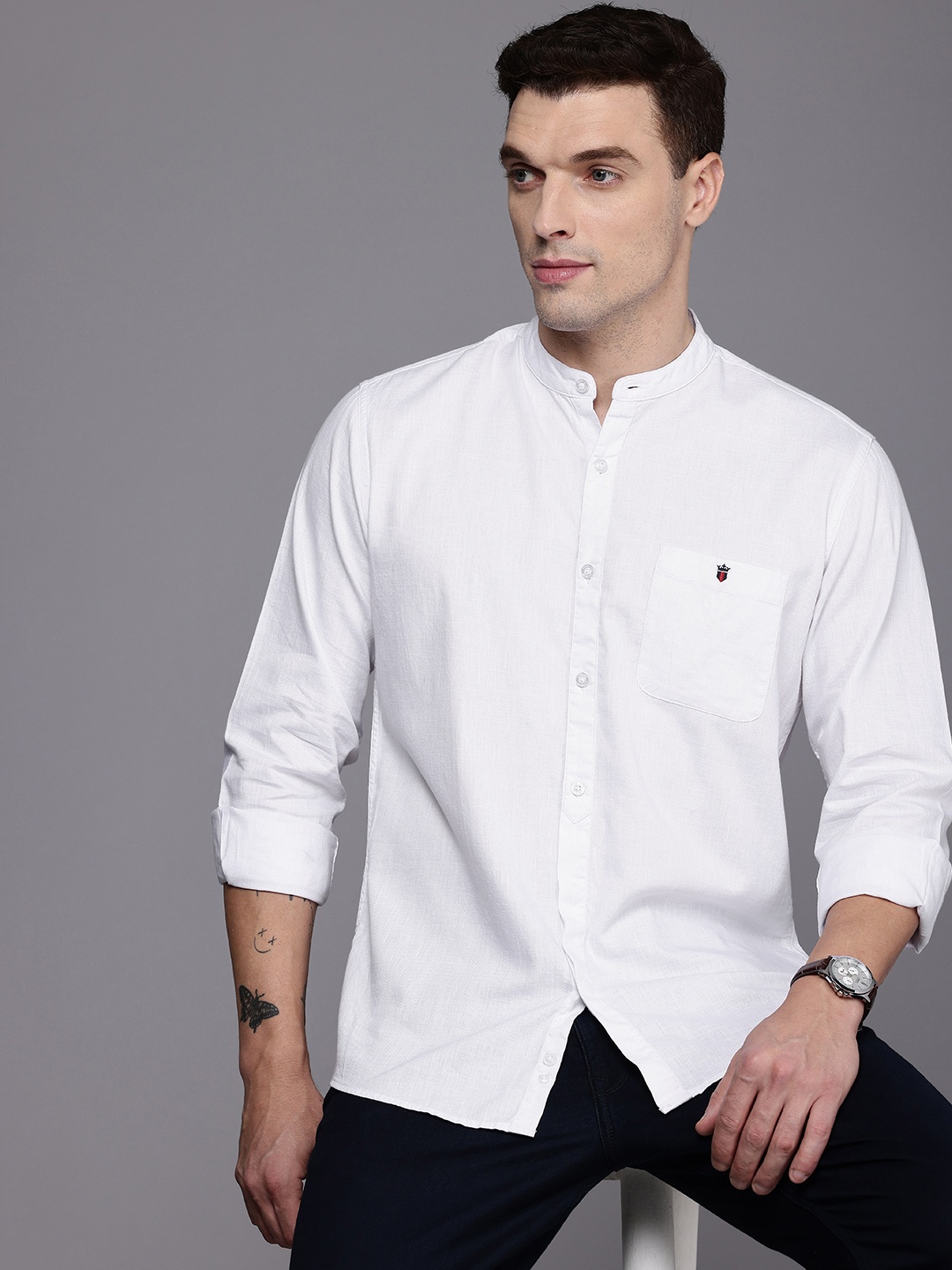 

Louis Philippe Jeans Slim Fit Band Collar Pure Cotton Casual Shirt, White
