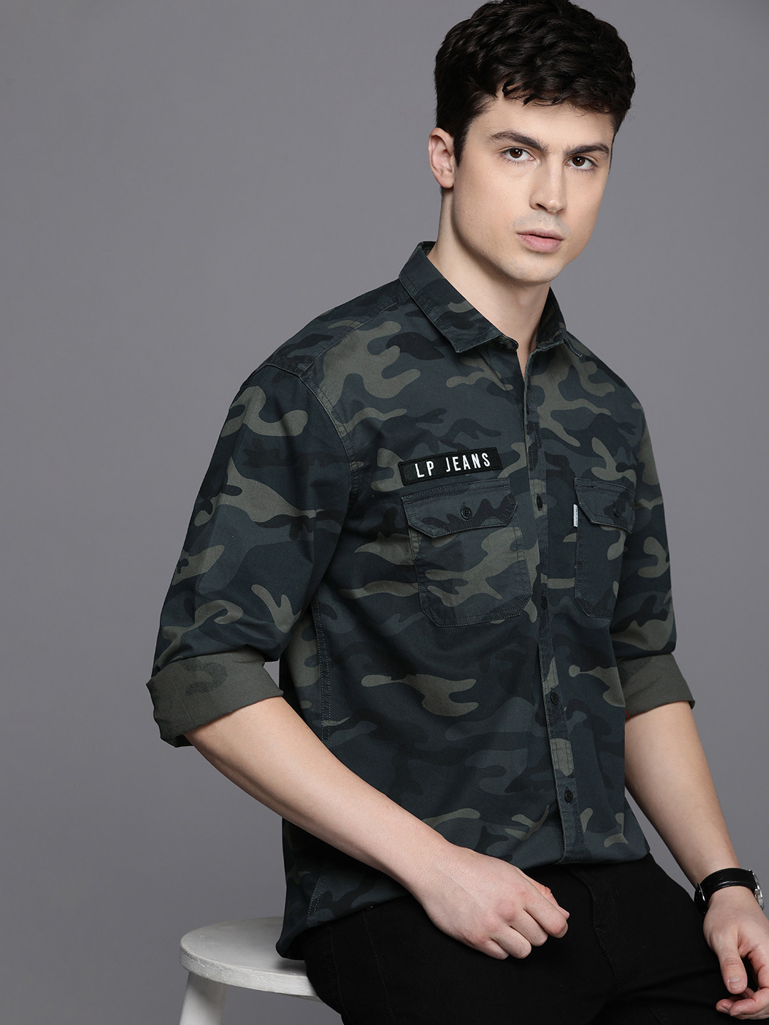 

Louis Philippe Jeans Men Slim Fit Camouflage Printed Pure Cotton Casual Shirt, Olive