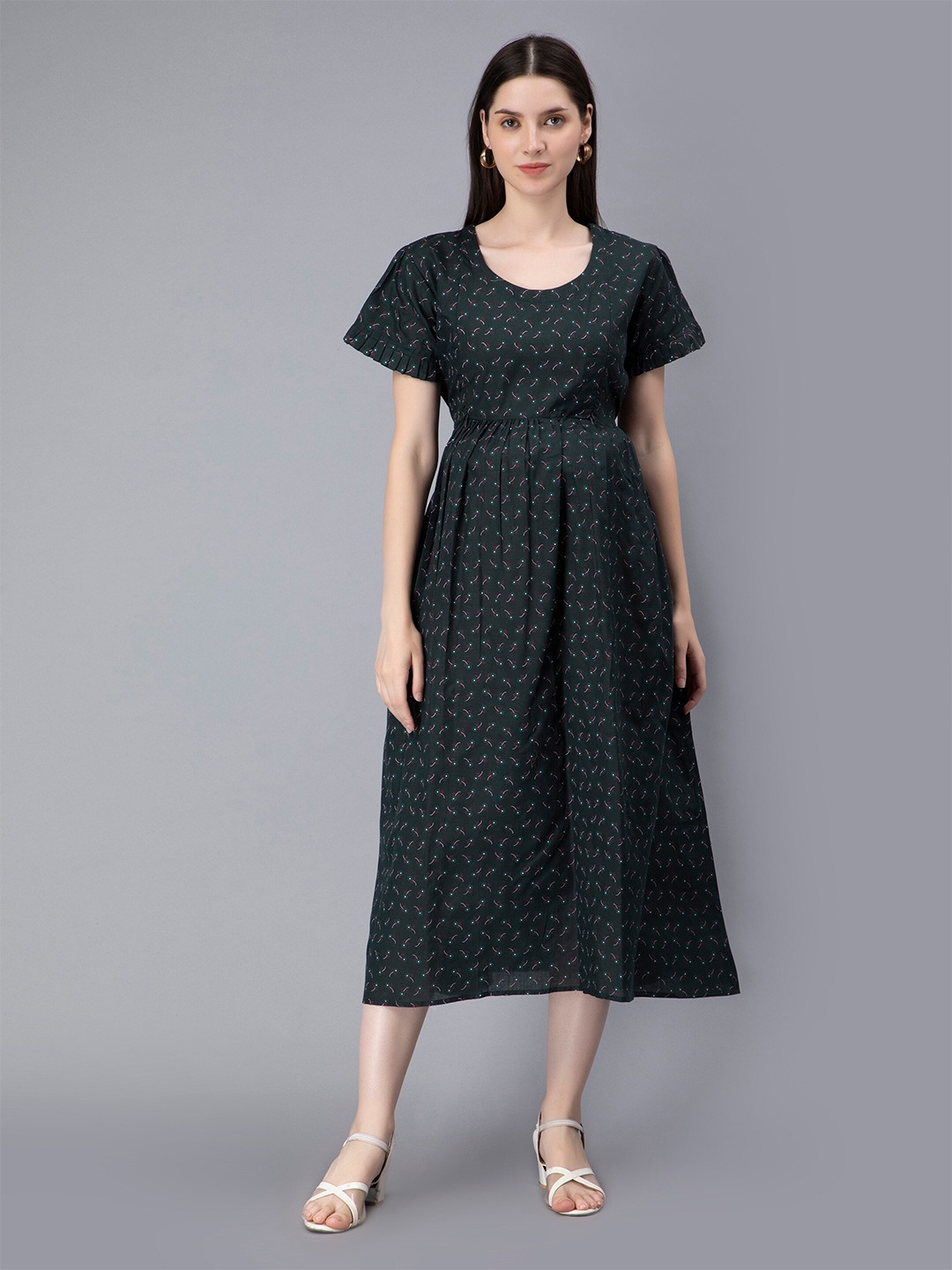 

NIGHTSPREE Green Floral Printed Maternity Fit & Flare Midi Cotton Dress