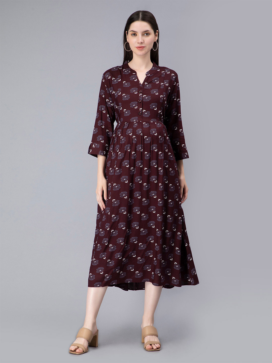 

NIGHTSPREE Floral Print Maternity Feeding Fit & Flare Midi Dress, Maroon