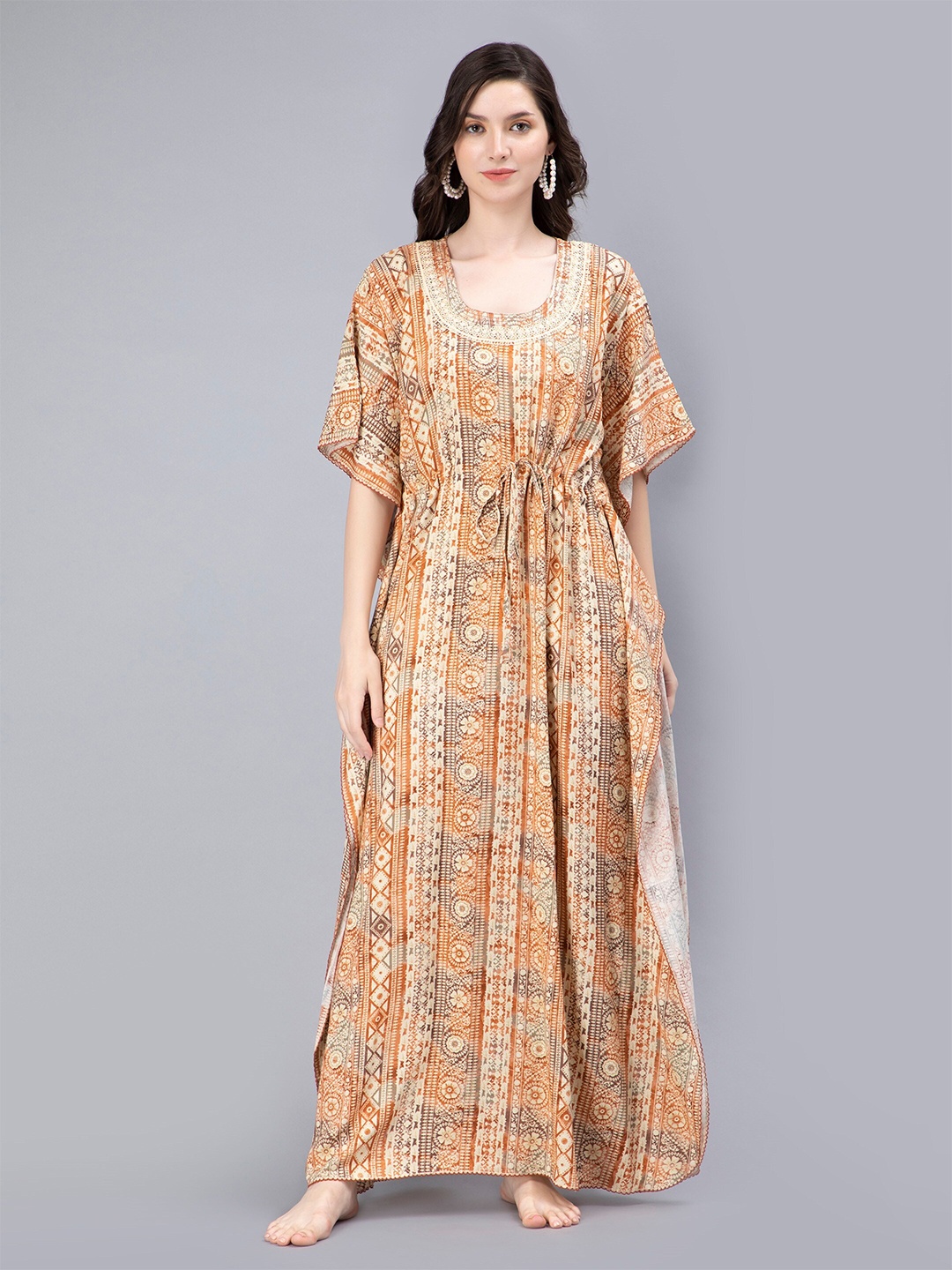 

NIGHTSPREE Floral Printed Maxi Kaftan Nightdress, Peach
