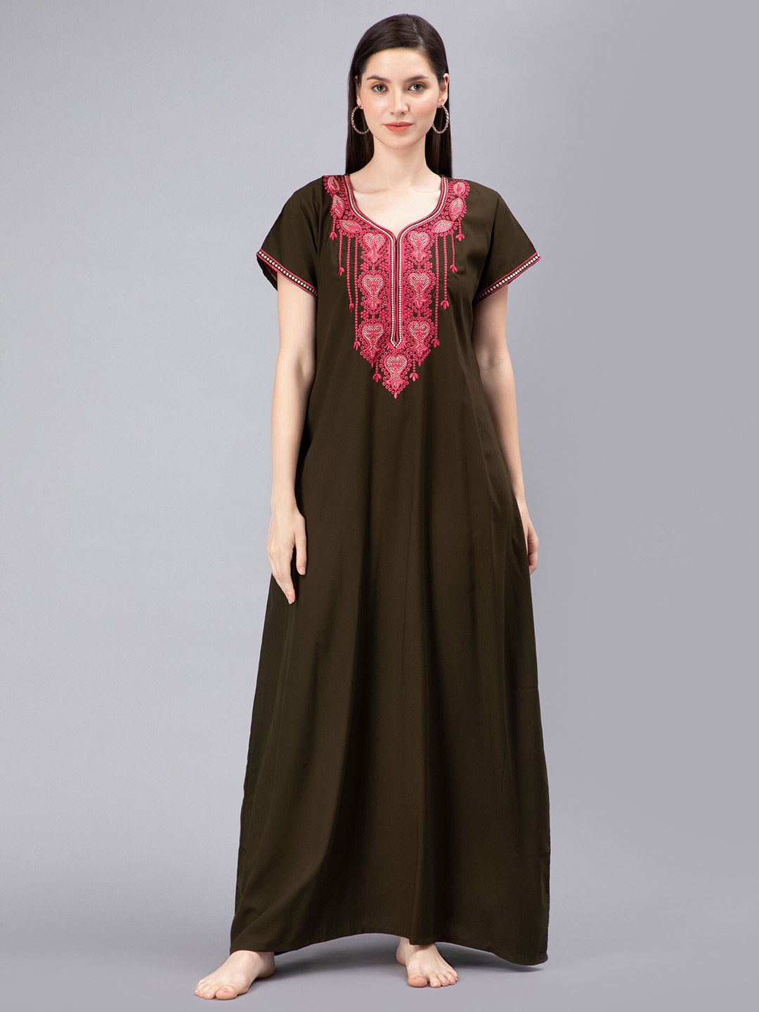 

NIGHTSPREE Embroidered Maxi Nightdress, Olive