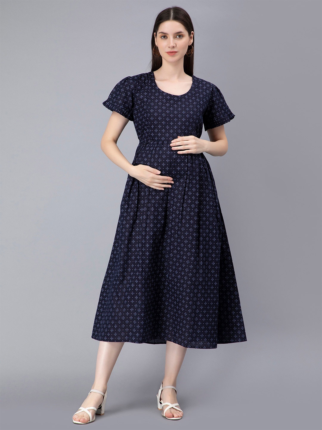 

NIGHTSPREE Polka Dot Print Maternity Feeding Fit & Flare Midi Dress, Navy blue