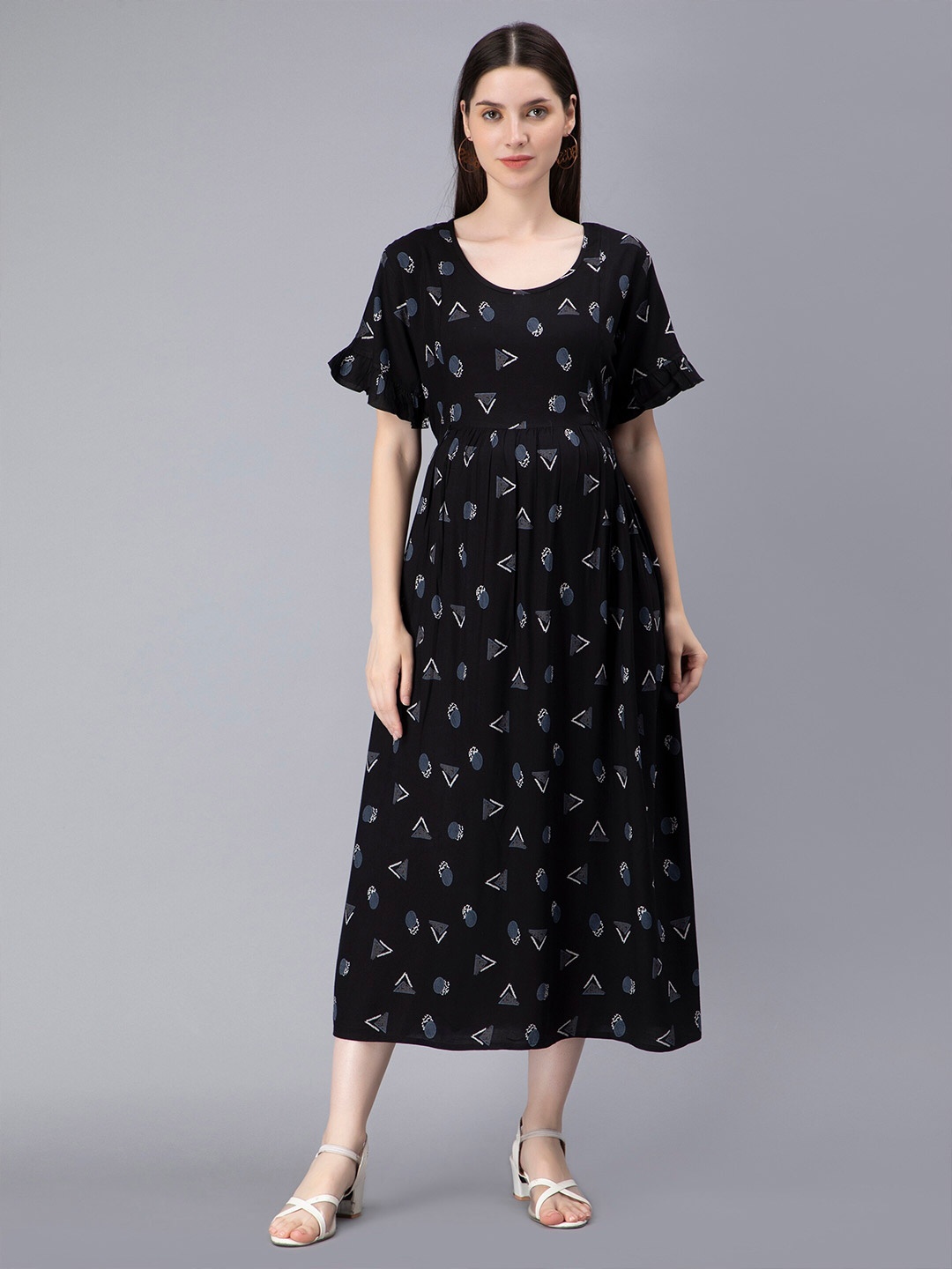 

NIGHTSPREE Floral Print Maternity Feeding A-Line Midi Dress, Black