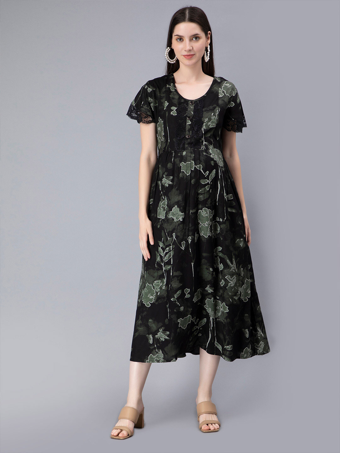 

NIGHTSPREE Floral Print Maternity Feeding Fit & Flare Midi Dress, Black