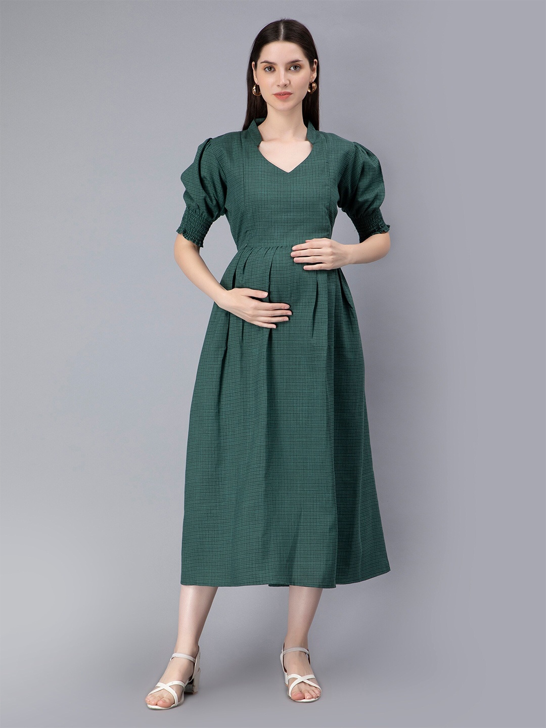 

NIGHTSPREE Puff Sleeve Maternity Feeding Empire Midi Dress, Green