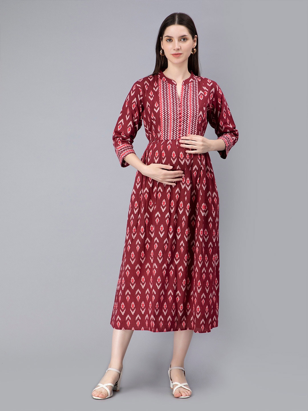 

NIGHTSPREE Ethnic Motifs Print Maternity Feeding A-Line Midi Dress, Maroon
