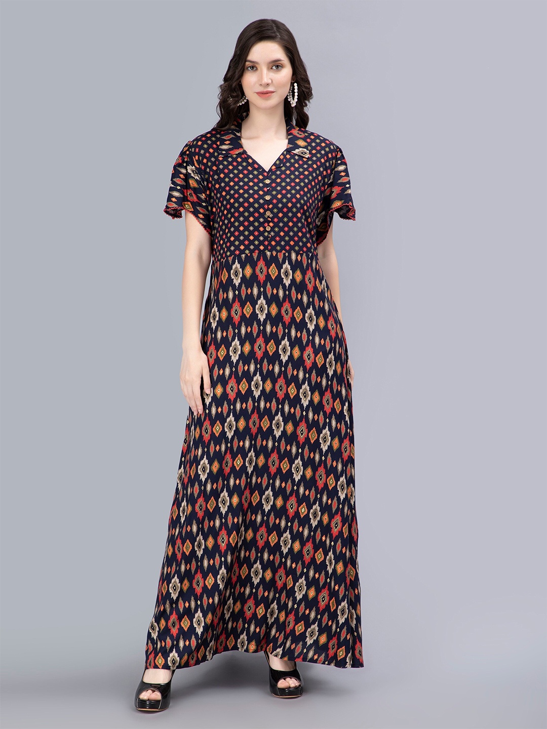 

NIGHTSPREE Printed Flared Sleeves Maxi Ethnic Dress, Navy blue