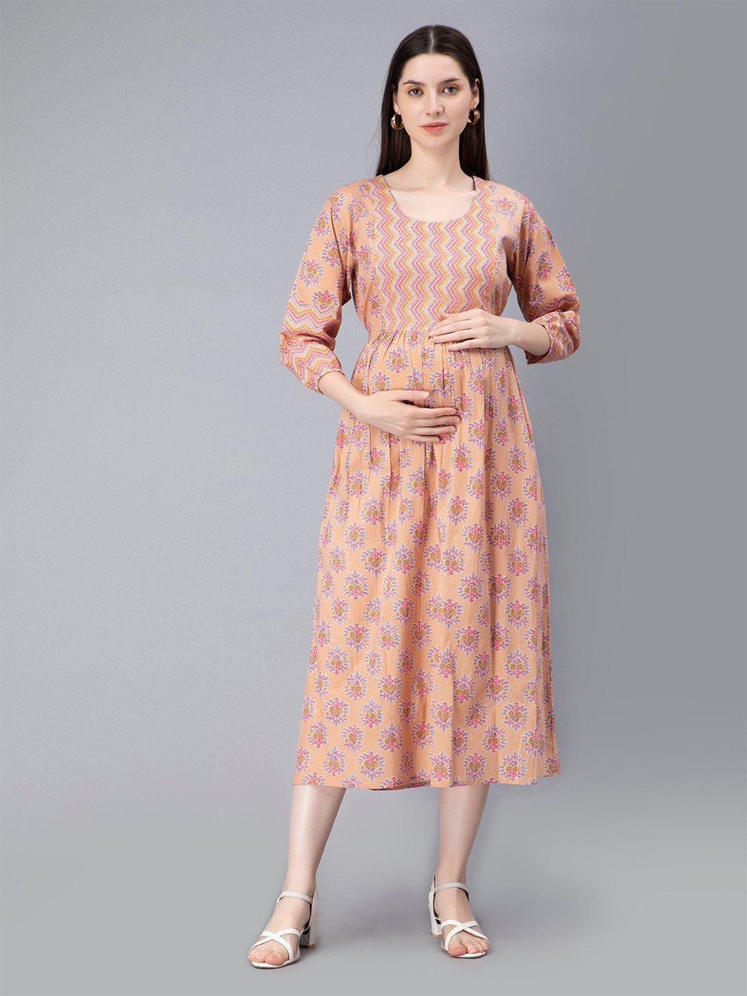 

NIGHTSPREE Peach-Coloured Ethnic Motifs Printed Maternity Fit & Flared Midi Cotton Dress