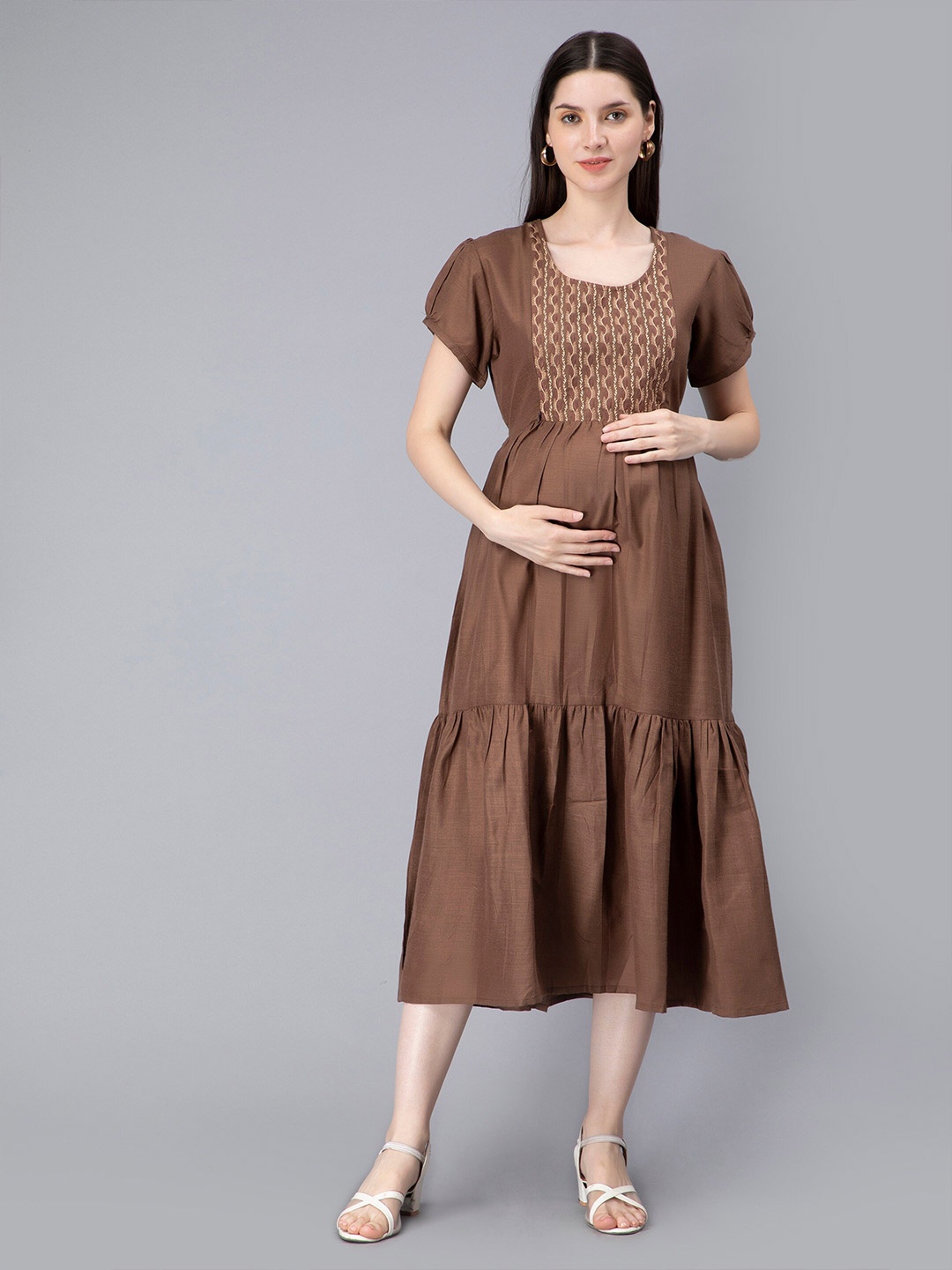 

NIGHTSPREE Brown Floral Embroidered Maternity Fit & Flared Midi Cotton Dress
