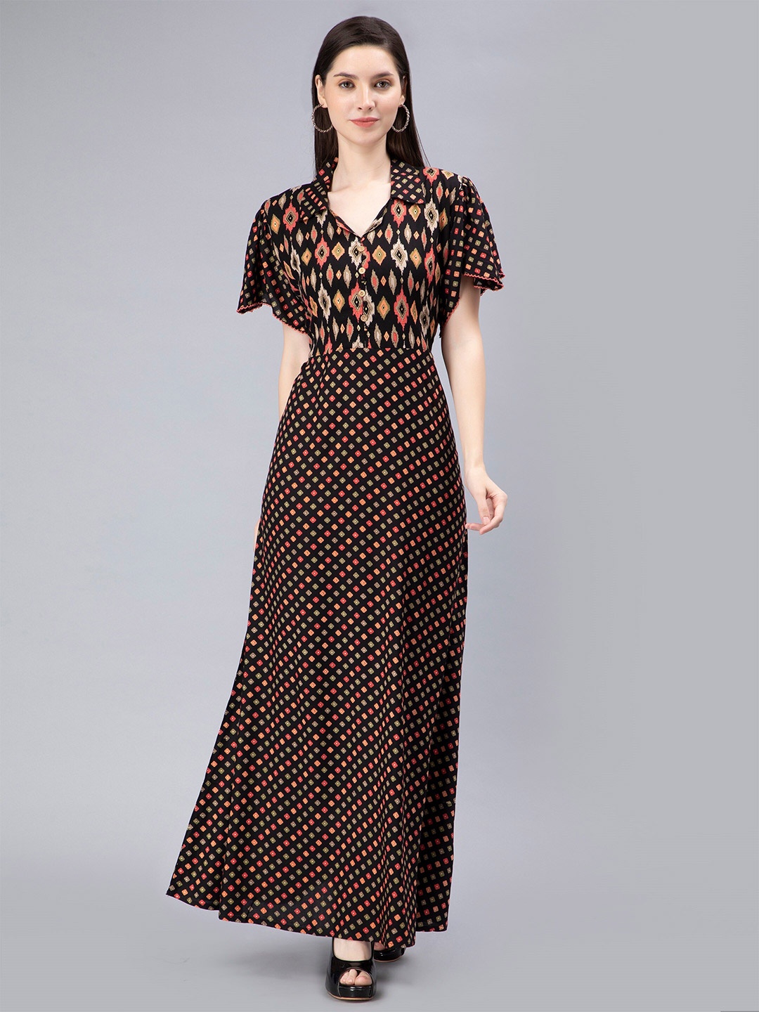 

NIGHTSPREE Printed Flared Sleeves Maxi Ethnic Dress, Black