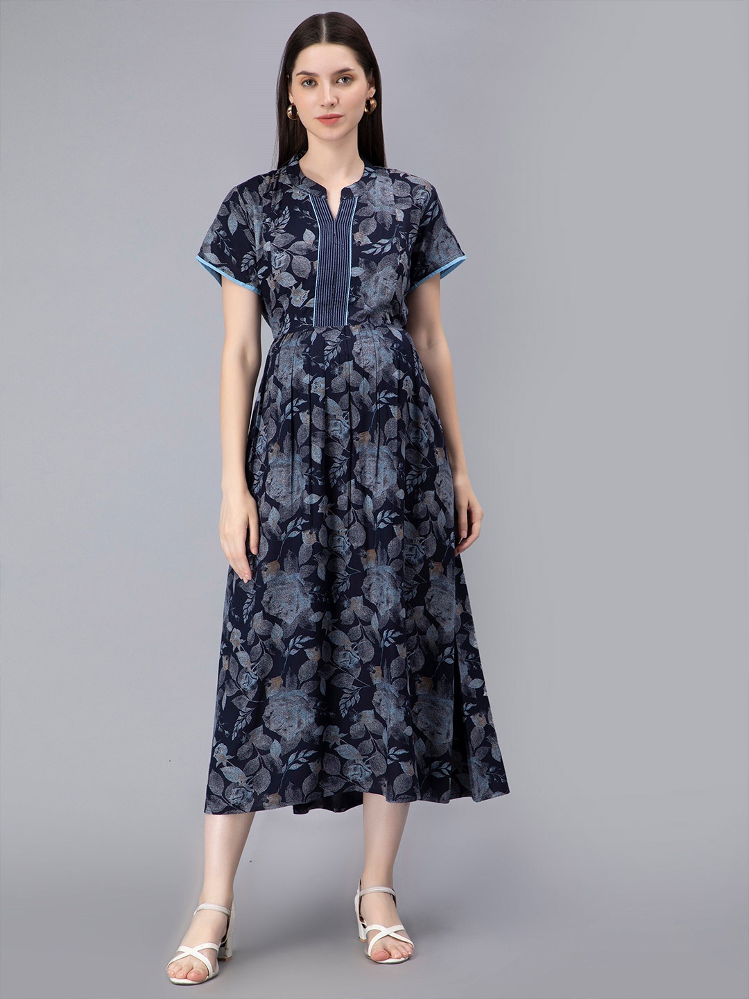 

NIGHTSPREE Floral Printed Maternity Fit And Flare Midi Dress, Navy blue