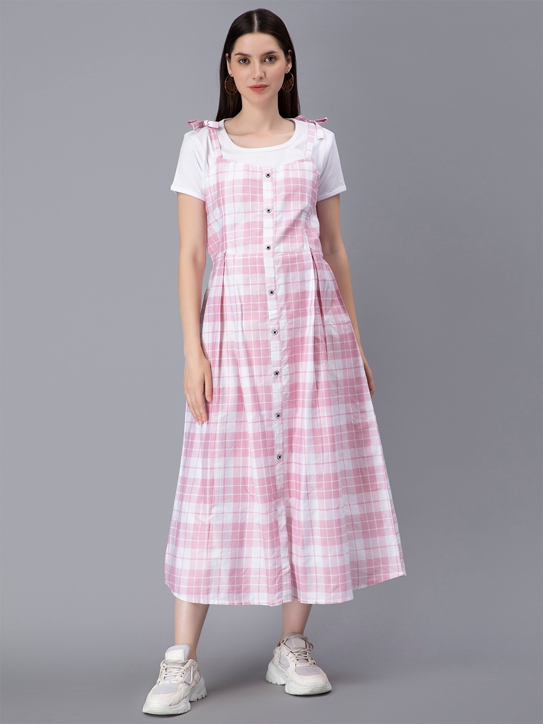 

NIGHTSPREE Checked Maternity & Feeding Pinafore Midi Dress, Pink