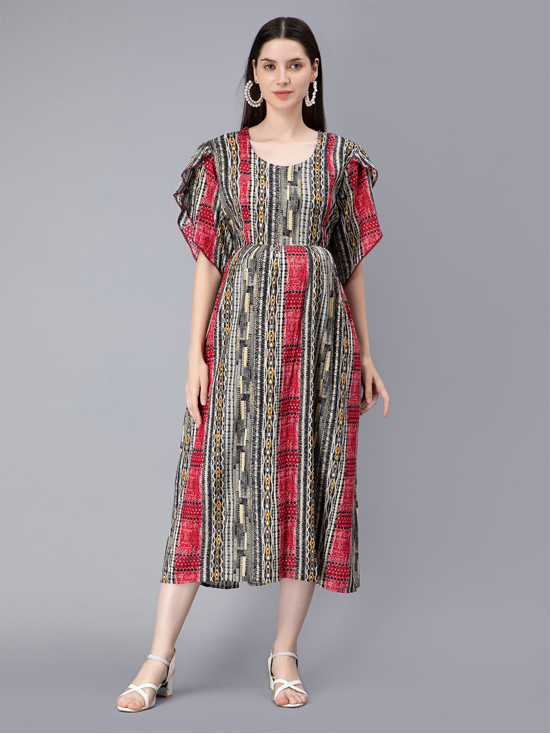 

NIGHTSPREE Ethnic Motifs Print Maternity Feeding A-Line Midi Dress, Grey