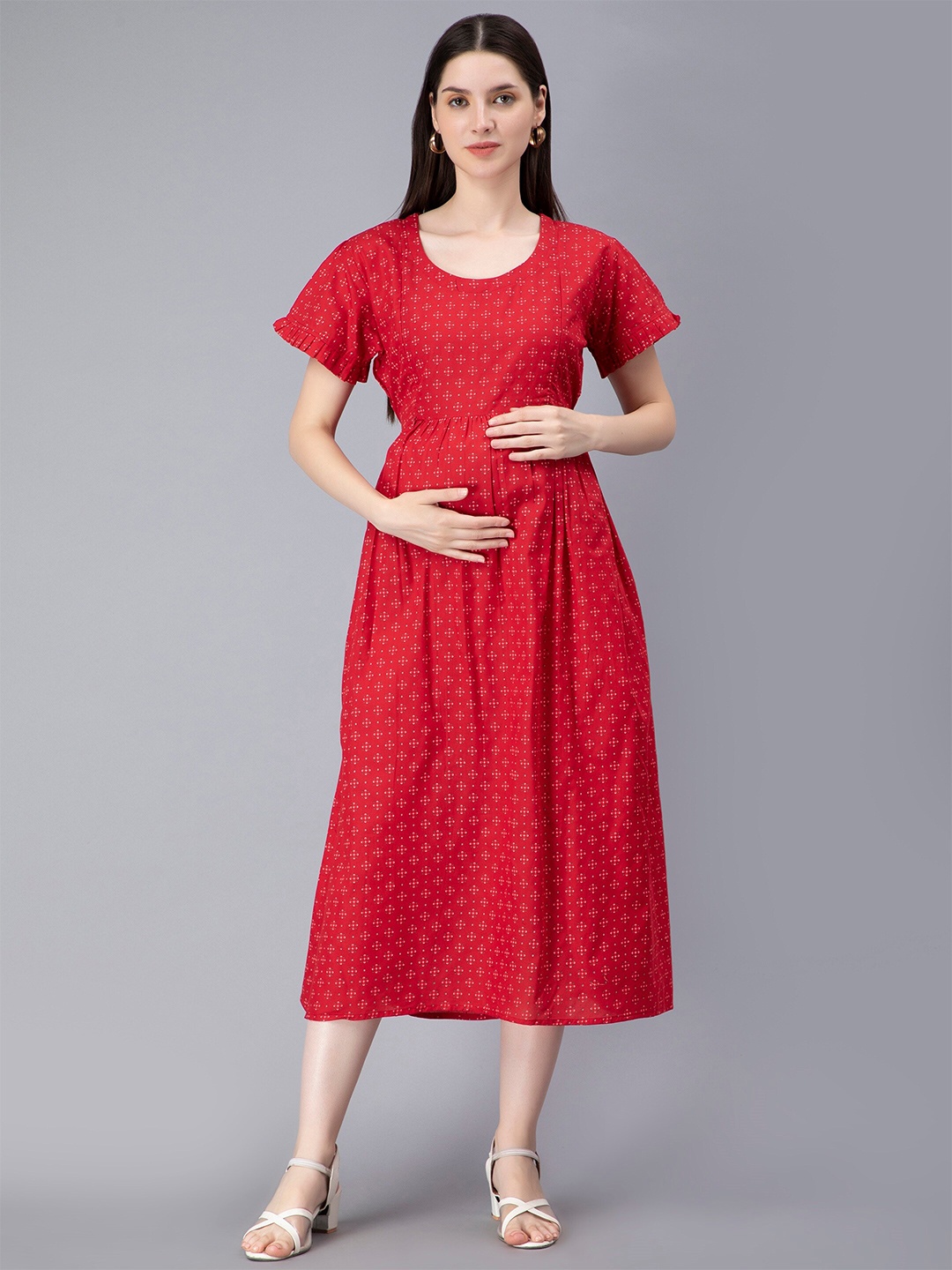 

NIGHTSPREE Ethnic Motifs Print Maternity Feeding Fit & Flare Midi Dress, Red