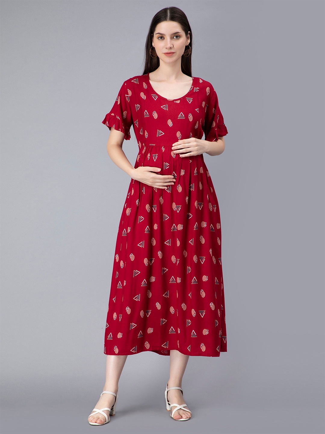 

NIGHTSPREE Ethnic Motifs Print Flutter Sleeve Maternity & Feeding Fit & Flare Midi Dress, Red