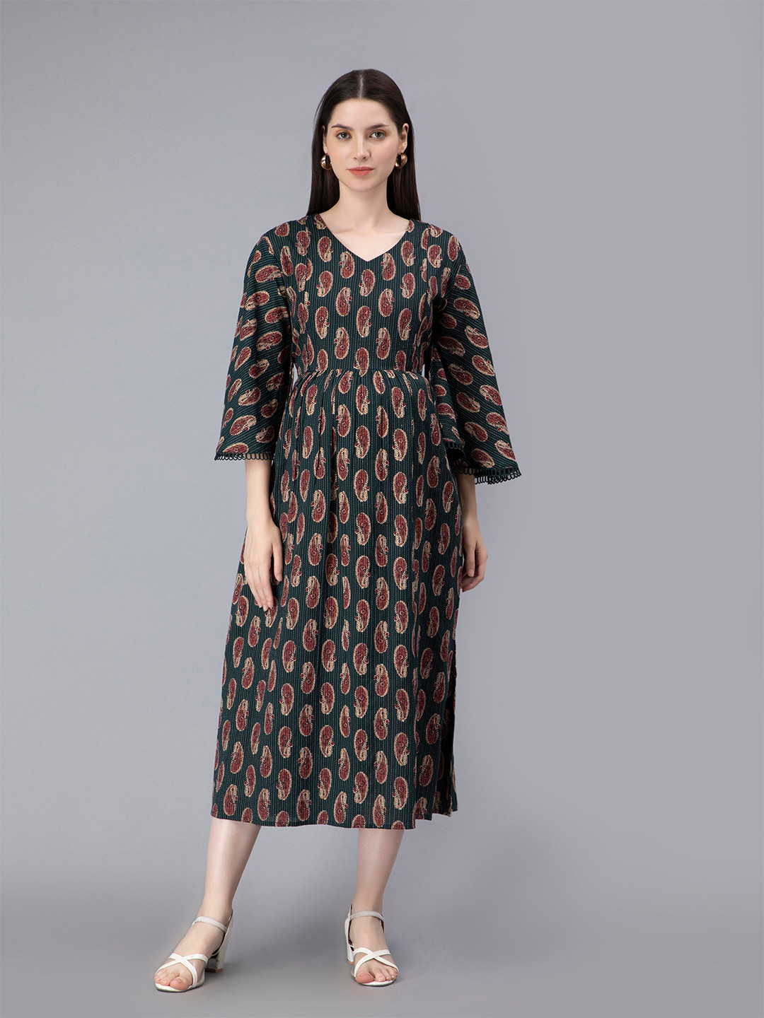 

NIGHTSPREE Ethnic Motifs Print Maternity Feeding A-Line Midi Dress, Green