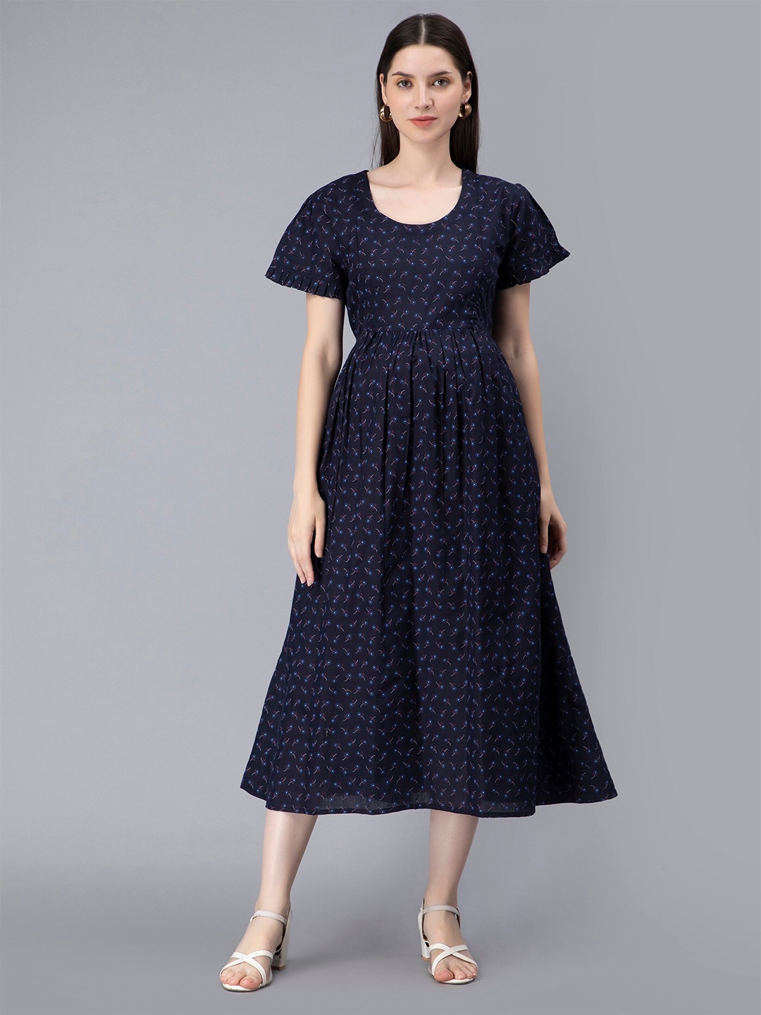 

NIGHTSPREE Polka Dot Print Maternity Feeding Fit & Flare Midi Dress, Navy blue