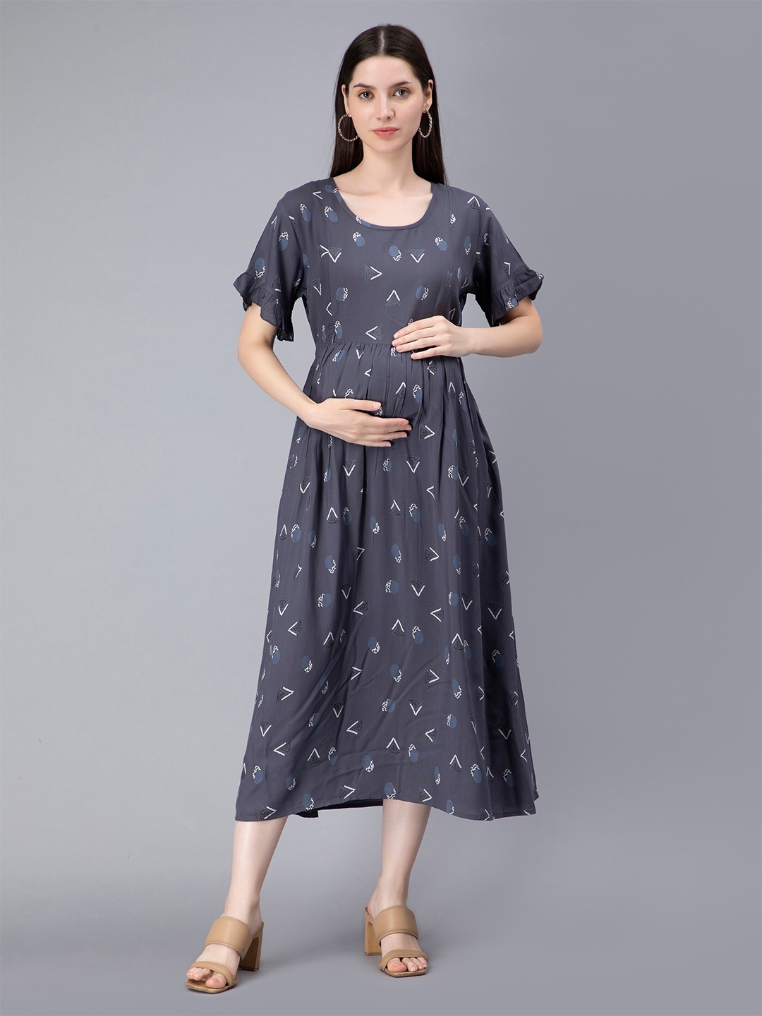 

NIGHTSPREE Floral Print Maternity Feeding Fit & Flare Midi Dress, Grey