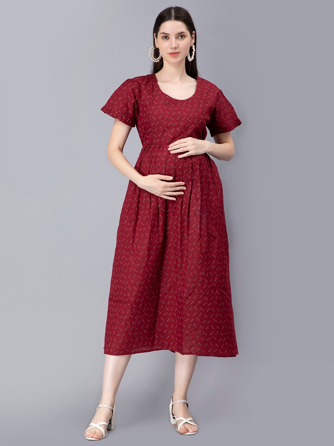 

NIGHTSPREE Floral Printed Maternity Fit & Flare Midi Dress, Maroon