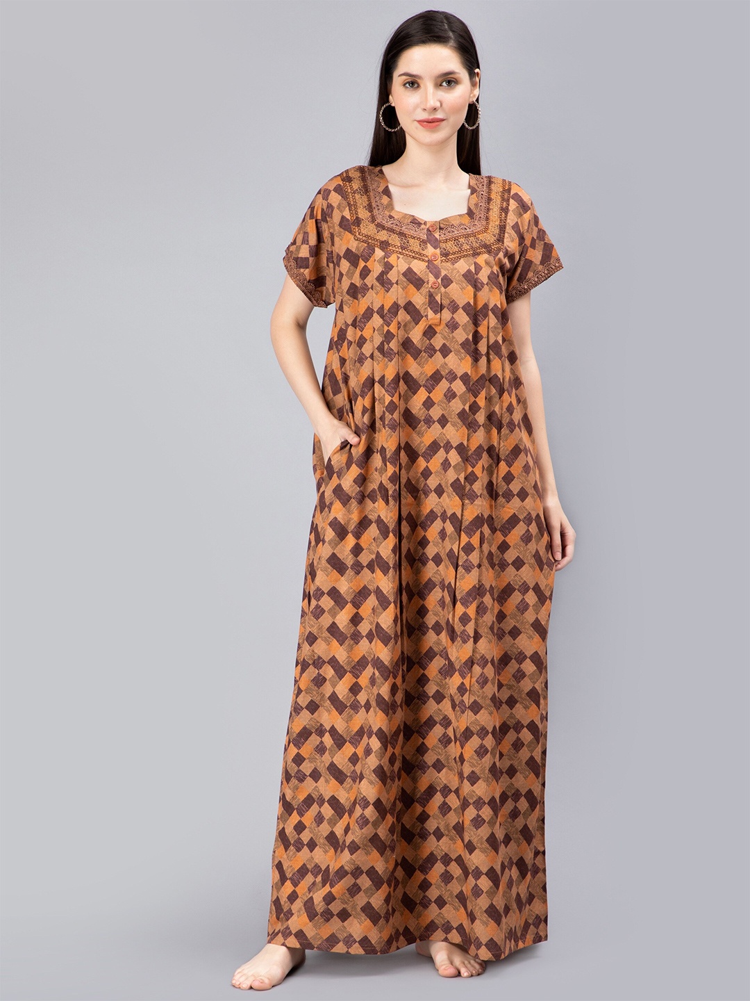 

NIGHTSPREE Printed Pure Cotton Maxi Nightdress, Peach