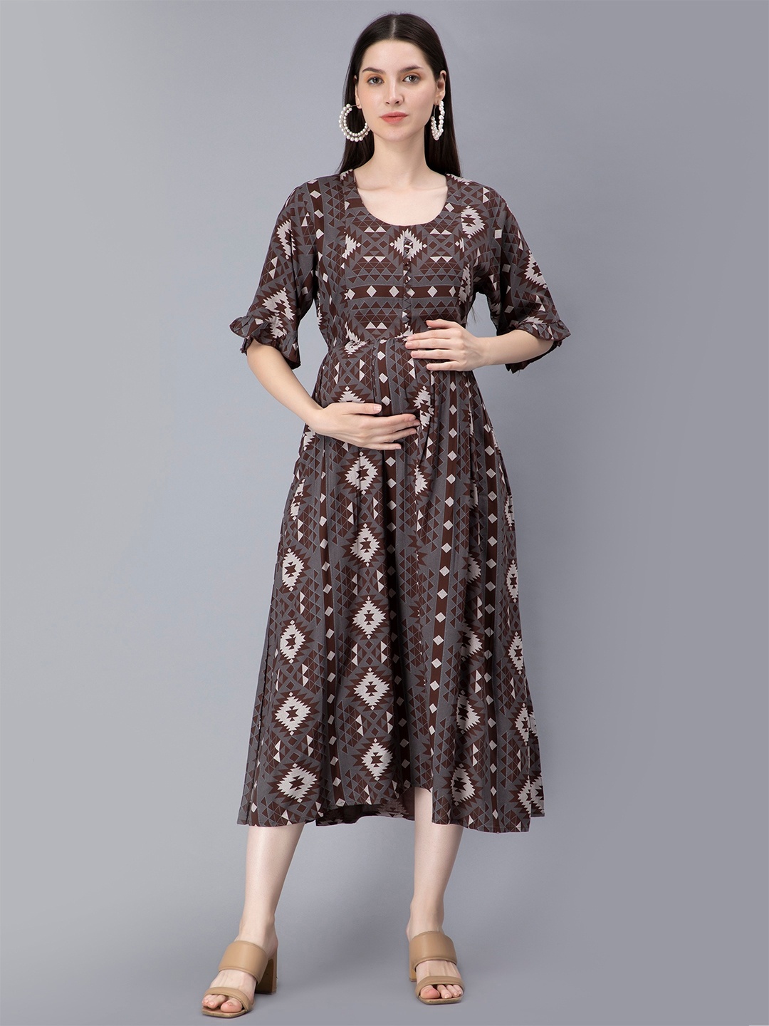 

NIGHTSPREE Ethnic Motifs Printed Maternity Fit & Flare Midi Dress, Brown