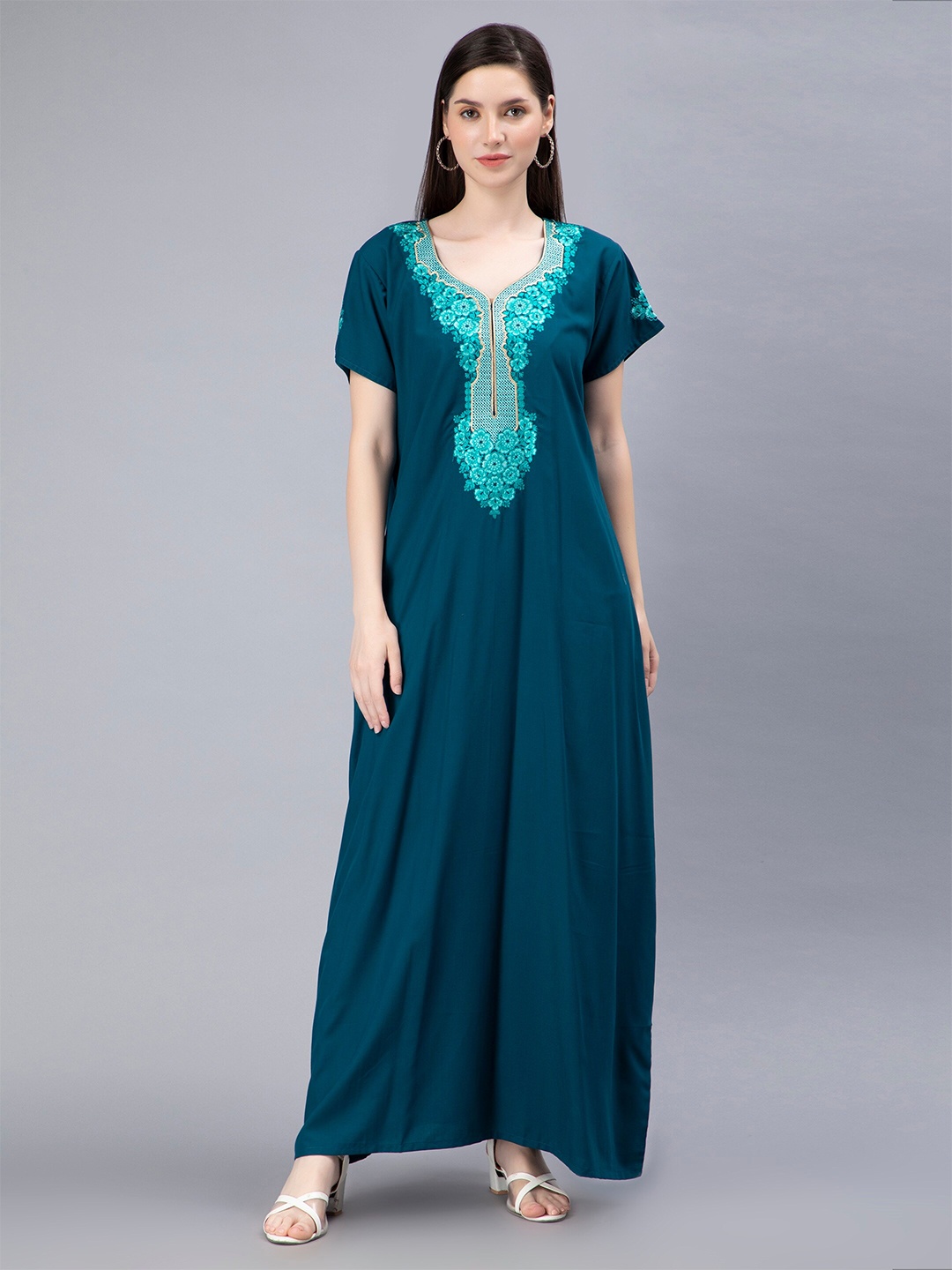 

NIGHTSPREE Embroidered Maxi Nightdress, Teal