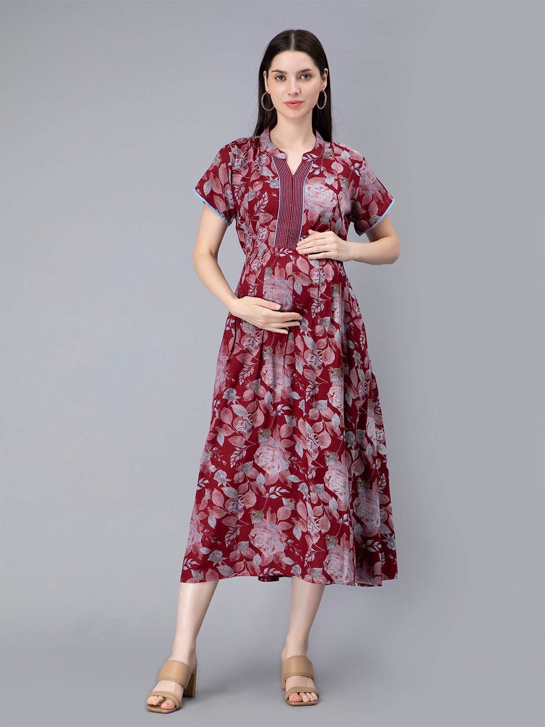 

NIGHTSPREE Floral Print Maternity & Feeding A-Line Midi Dress, Maroon