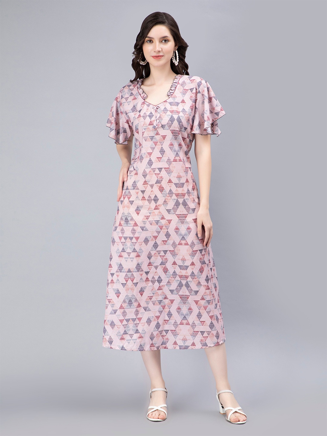 

NIGHTSPREE Geometric Printed Cotton Flutter Sleeves Nightdress, Pink